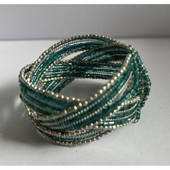 Vintage Beaded Wide Cuff Bracelet Turquoise/Silver Stretch 1.5" Wide - Picture 4 of 6